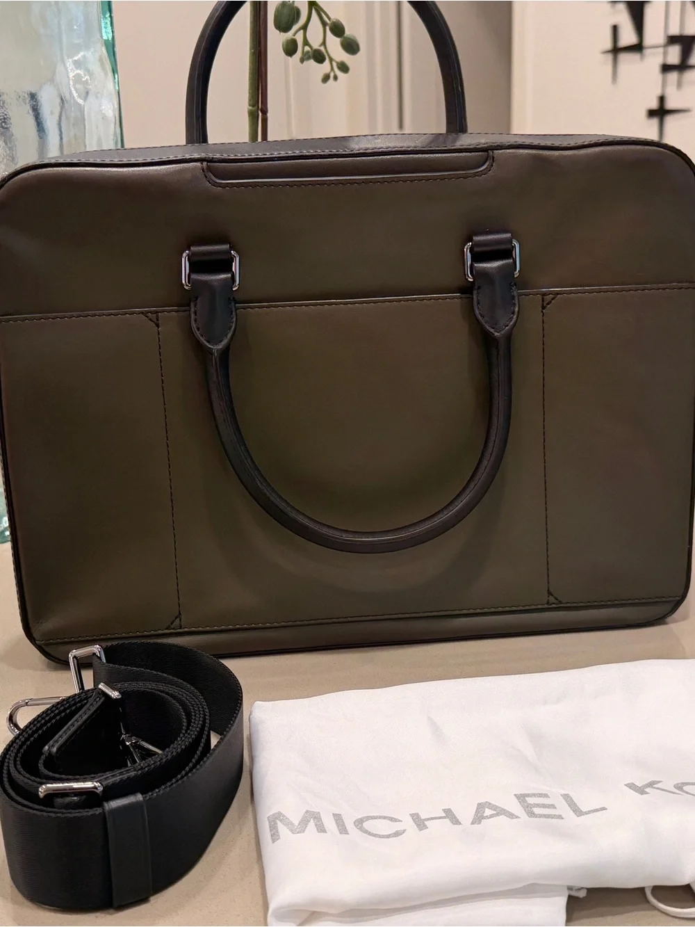 Michael Kors Olive and Black Leather Laptop Briefcase